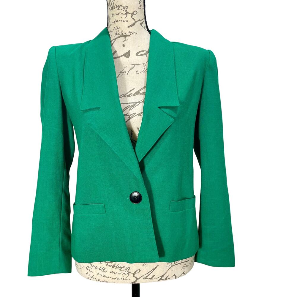 Vintage 80s Sasson Boxy Blazer Green Woven Bold Black Button Women's Size 6